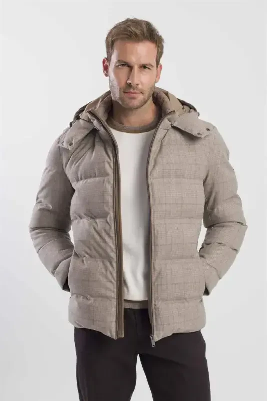 Beige Comfort Fit Check Print Hooded Jacket - JAKAMEN