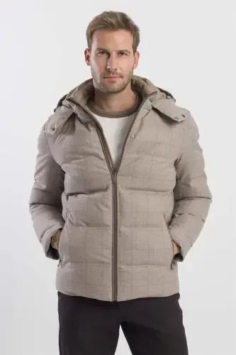 Beige Comfort Fit Check Print Hooded Jacket - JAKAMEN (1)