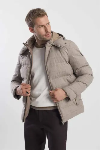 Beige Comfort Fit Check Print Hooded Jacket - 3