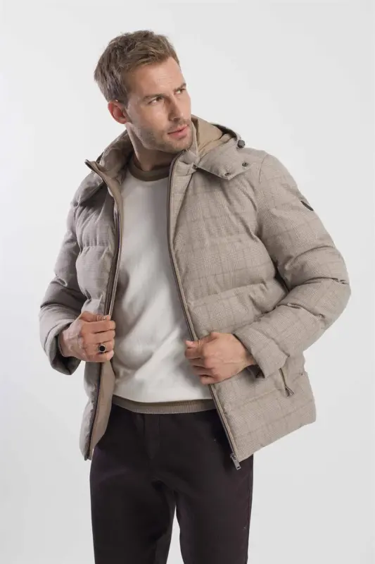 Beige Comfort Fit Check Print Hooded Jacket - 3