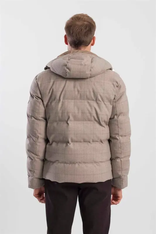 Beige Comfort Fit Check Print Hooded Jacket - 4