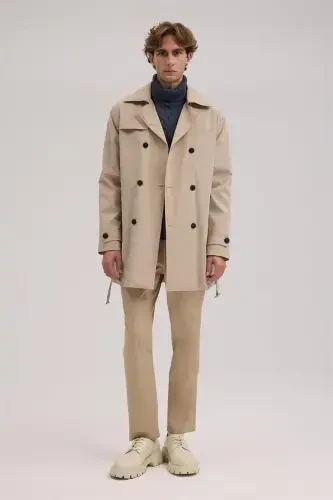 Beige Comfort Fit Double-Breasted Belted Trench Coat - 2