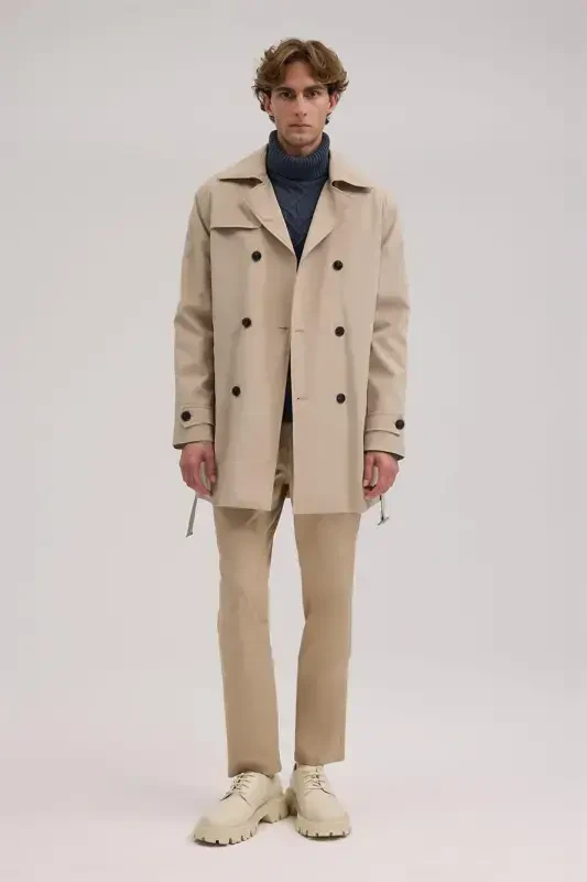 Beige Comfort Fit Double-Breasted Belted Trench Coat - 2