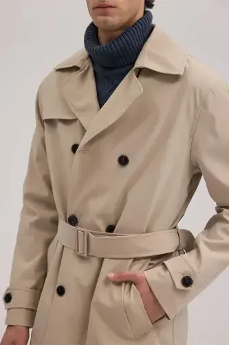 Beige Comfort Fit Double-Breasted Belted Trench Coat - 3