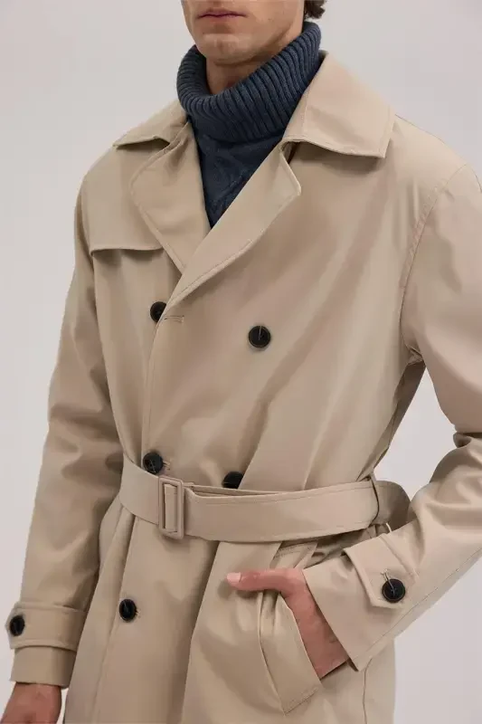 Beige Comfort Fit Double-Breasted Belted Trench Coat - 3