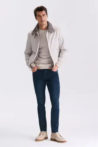 Beige Comfort Fit Fur Collar Front Zippered Genuine Leather Detailed Coat - JAKAMEN (1)