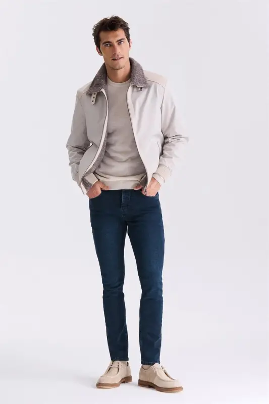 Beige Comfort Fit Fur Collar Front Zippered Genuine Leather Detailed Coat - 2