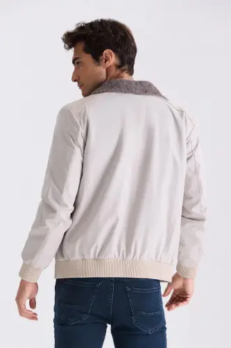 Beige Comfort Fit Fur Collar Front Zippered Genuine Leather Detailed Coat - 4