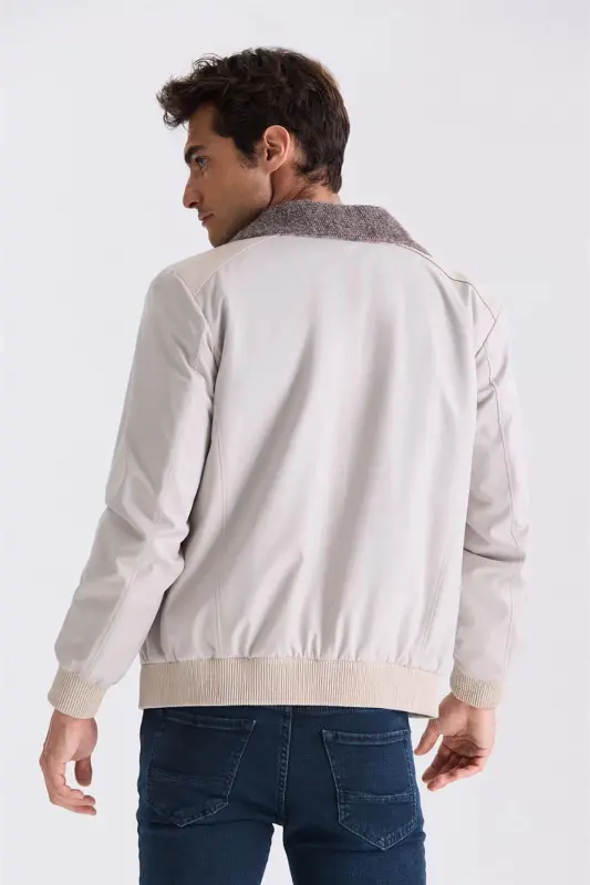 Beige Comfort Fit Fur Collar Front Zippered Genuine Leather Detailed Coat - 4