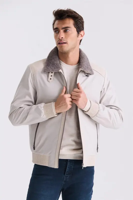 Beige Comfort Fit Fur Collar Front Zippered Genuine Leather Detailed Coat - 1