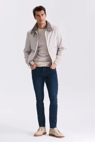 Beige Comfort Fit Fur Collar Front Zippered Genuine Leather Detailed Coat - 2