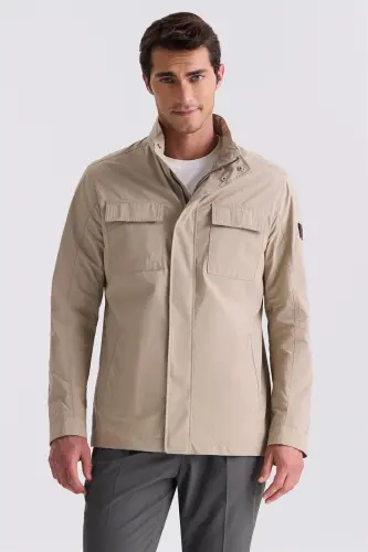 Beige Comfort Fit High Neck Half Season Sports Jacket 