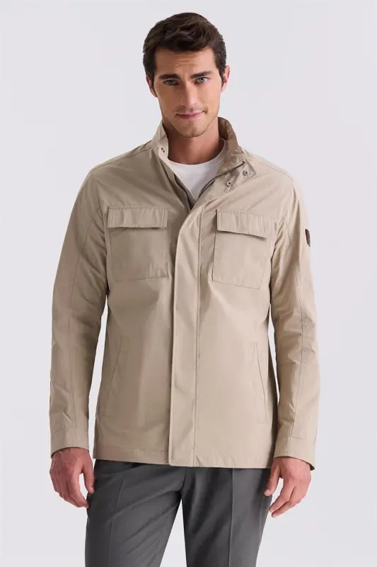 Beige Comfort Fit High Neck Half Season Sports Jacket - 1