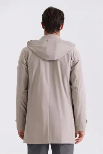 Beige Comfort Fit Hooded Concealed Zipper Classic Jacket - JAKAMEN (1)