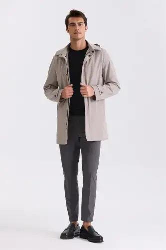 Beige Comfort Fit Hooded Concealed Zipper Classic Jacket - 3