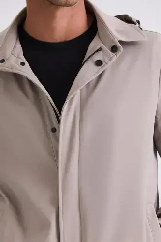 Beige Comfort Fit Hooded Concealed Zipper Classic Jacket - 4