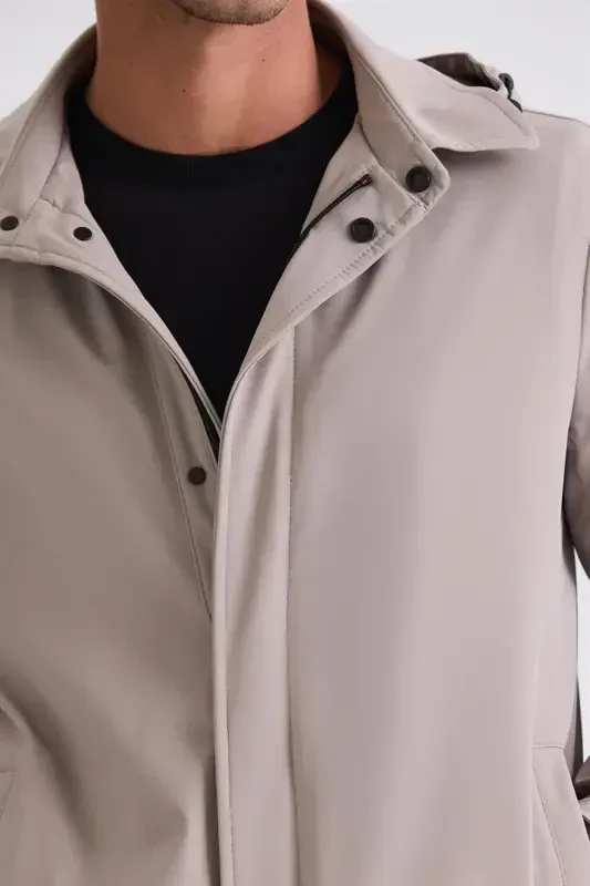 Beige Comfort Fit Hooded Concealed Zipper Classic Jacket - 4