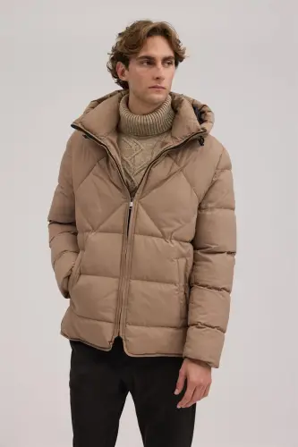 Beige Comfort Fit Hooded Puffer Jacket 