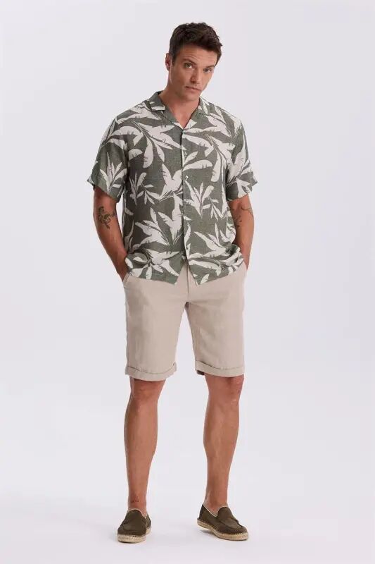 Beige Comfort Fit Linen Textured Relaxed Fit Double Hem Shorts - 2