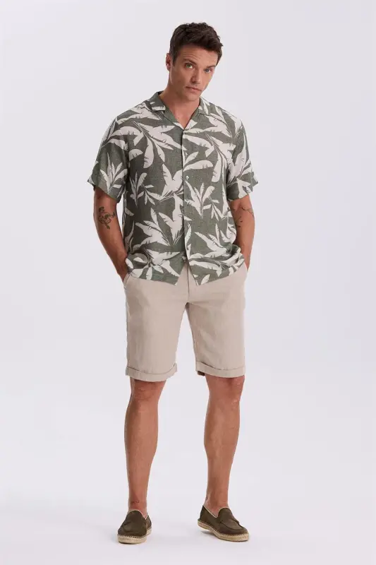 Beige Comfort Fit Linen Textured Relaxed Fit Double Hem Shorts - 2