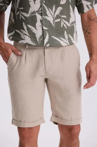 Beige Comfort Fit Linen Textured Relaxed Fit Double Hem Shorts - 3