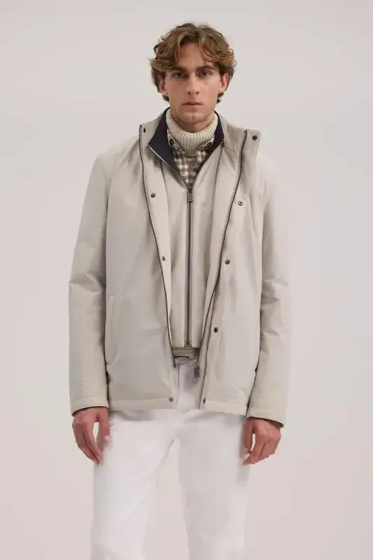 Beige Comfort Fit Mandarin Collar Coat - 1