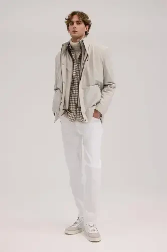 Beige Comfort Fit Mandarin Collar Coat - 2