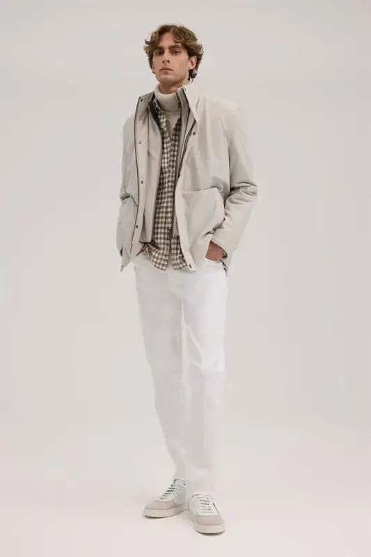 Beige Comfort Fit Mandarin Collar Coat - 2