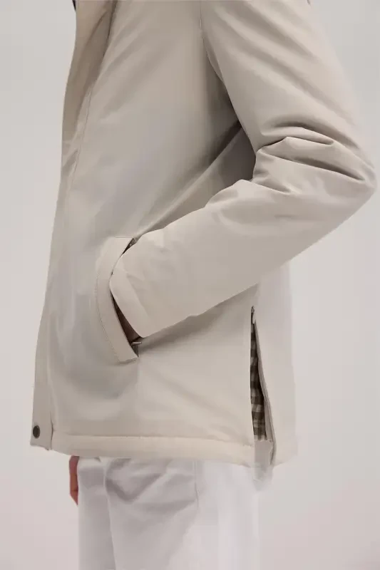 Beige Comfort Fit Mandarin Collar Coat - 3