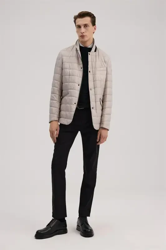 Beige Comfort Fit Mono Collar Zippered Jacket - 1