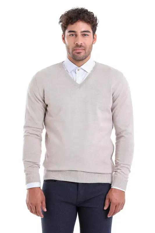 Beige Comfort Fit Plain V Neck Woolen Wool Sweater - HATEMOĞLU