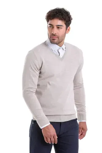 Beige Comfort Fit Plain V Neck Woolen Wool Sweater - 3