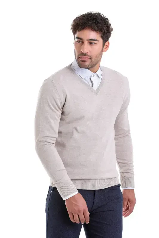 Beige Comfort Fit Plain V Neck Woolen Wool Sweater - 3