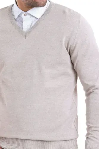 Beige Comfort Fit Plain V Neck Woolen Wool Sweater - 5