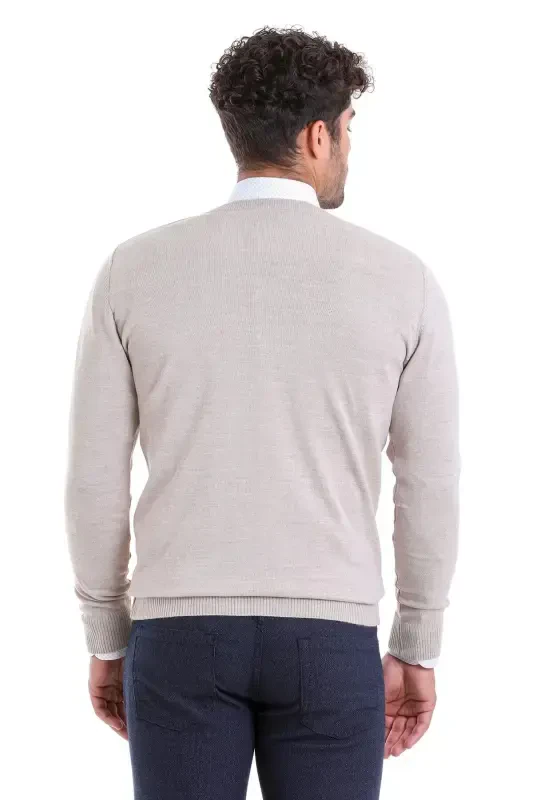 Beige Comfort Fit Plain V Neck Woolen Wool Sweater - 6