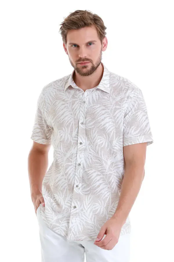 Beige Comfort Fit Printed 100% Cotton Slim Collar Short Sleeve - 1