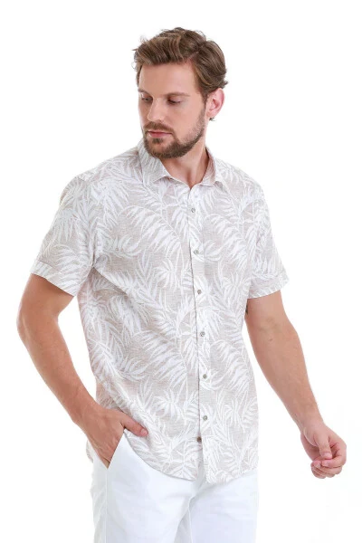 Beige Comfort Fit Printed 100% Cotton Slim Collar Short Sleeve - 3