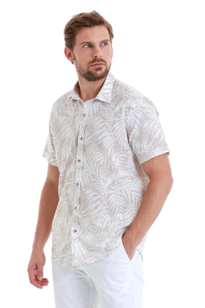 Beige Comfort Fit Printed 100% Cotton Slim Collar Short Sleeve - 4