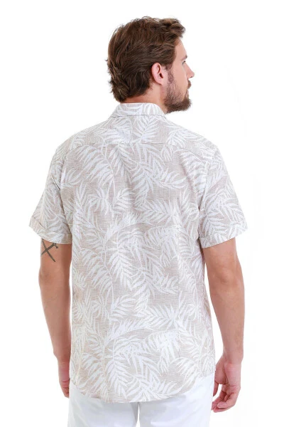 Beige Comfort Fit Printed 100% Cotton Slim Collar Short Sleeve - 6