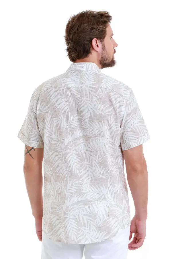 Beige Comfort Fit Printed 100% Cotton Slim Collar Short Sleeve - 6