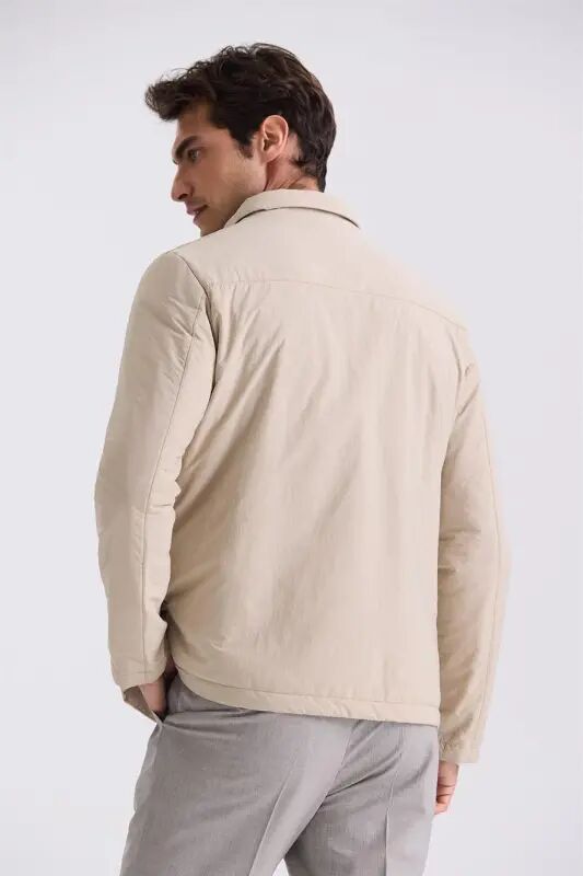 Beige Comfort Fit Shirt Collar Seasonal Coat - 4