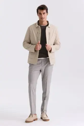 Beige Comfort Fit Shirt Collar Seasonal Jacket - JAKAMEN (1)