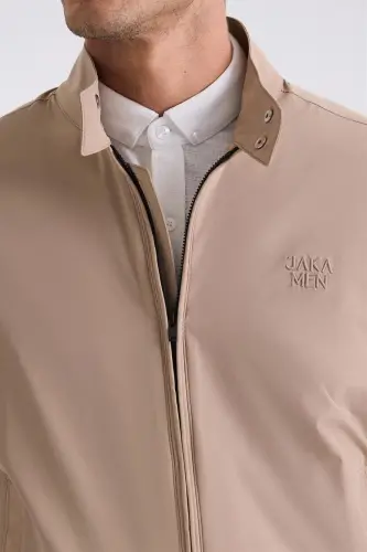 Beige Comfort Fit Stand Collar Front Zipper Mid-Season Coat - 3