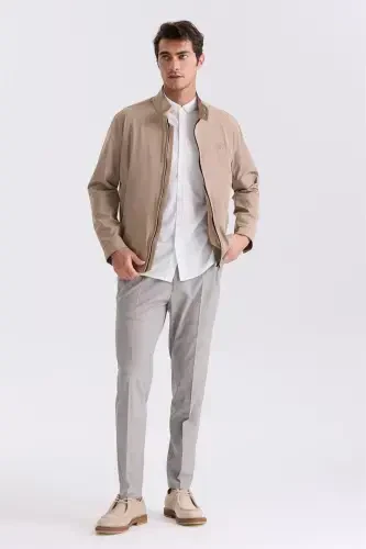 Beige Comfort Fit Stand Collar Front Zipper Mid-Season Coat - Modazone (1)