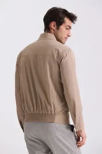 Beige Comfort Fit Stand Collar Front Zipper Mid-Season Coat - 4