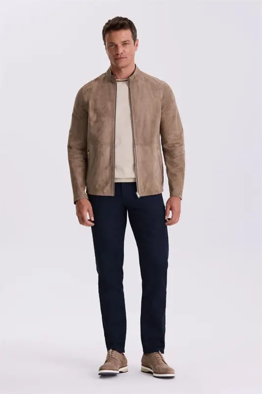 Beige Comfort Fit Stand Collar Reversible 100% Leather Jacket - JAKAMEN