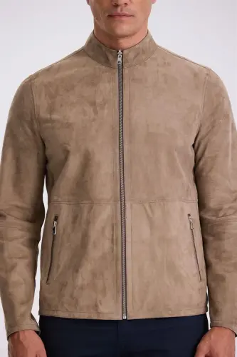 Beige Comfort Fit Stand Collar Reversible 100% Leather Jacket - 3