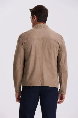 Beige Comfort Fit Stand Collar Reversible 100% Leather Jacket - 4