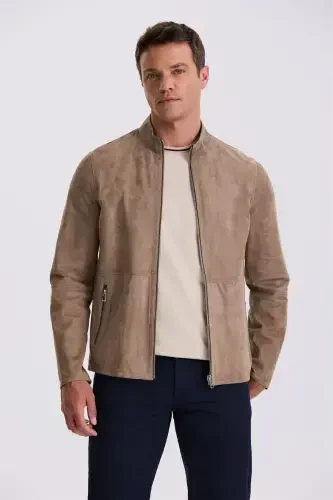 Beige Comfort Fit Stand Collar Reversible 100% Leather Jacket - Modazone (1)