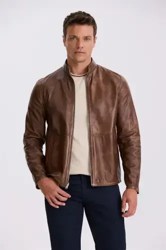 Beige Comfort Fit Stand Collar Reversible 100% Leather Jacket - 5